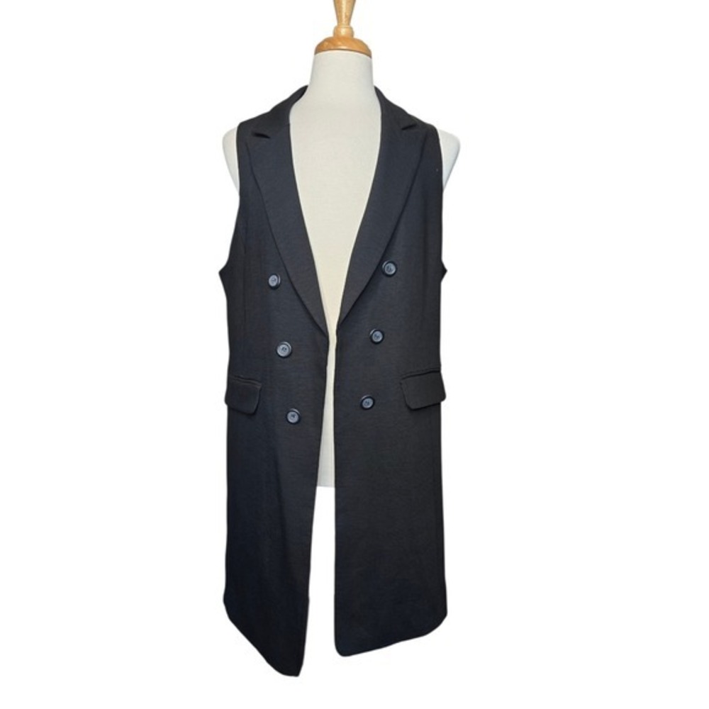 Black Longline Sleeveless Blazer Vest Double Breasted 16 Minimalist Workwear - Picture 2 of 7